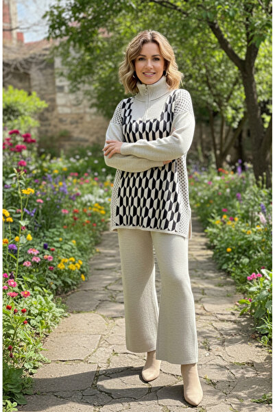 YusGos Women's Geometric Pattern Zipper Collar Bottom Top Pants Sweater Knitwear Set