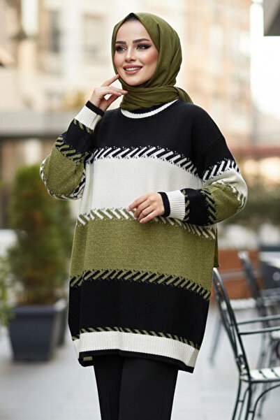 N.S NEVA STYLE Color Block Oil Green Hijab Knitwear Sweater 8804Yy