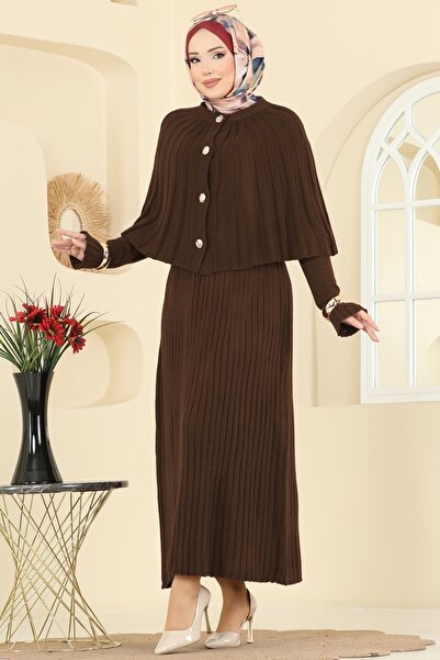 ModaMerve Pelerin Detaylı Elbiseli Takım 4478BRZ597-MS Kahve