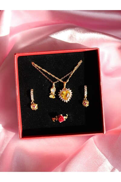 Reorah Collection Belle Rose Prenses Kolyeler, Küpe ve 925 Gümüş Yüzük Takı S...