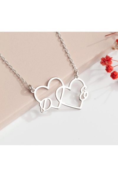 Butik İkili Kalp Formlu Baş harfli 925 Ayar Gümüş Kadın Kolyesi