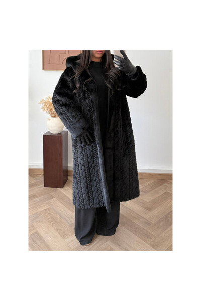 FeteRL Premium Knitted Black Oversized Fur Coat with Hood