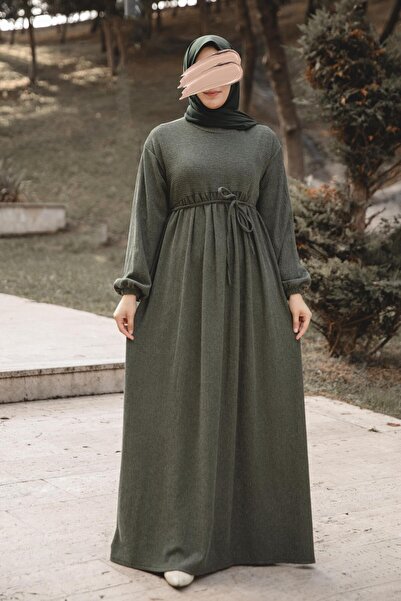 H HİJAB CENTER Khaki Robalı Oversized Dress Nsr 5110