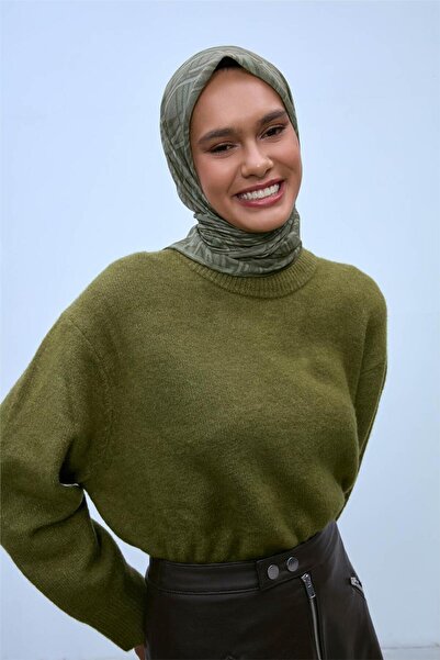 Silk Home Eșarfă din bumbac moale, verde pastel, kaki, cu model geometric, textura ușoară, 90x90