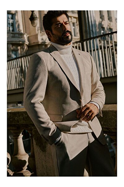 LC Waikiki Men's Beige Slim Fit Slim Fit Swallow Collar Patterned Jacket with...