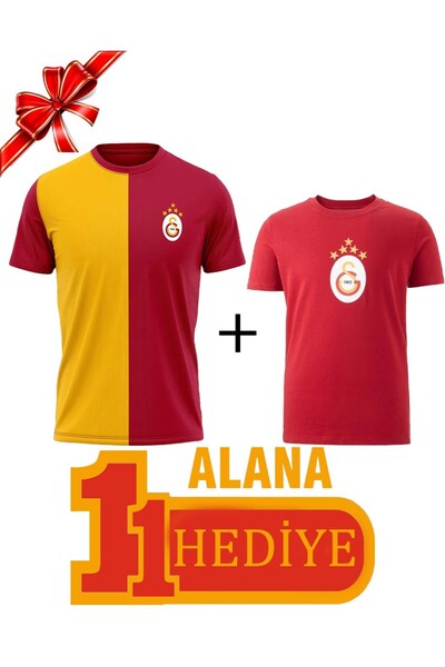 Galatasaray Orijinal Parçalı Sarı Kırmızı T-Shirt 5 Yıldız Kırmızı T-Shirt Hediyeli