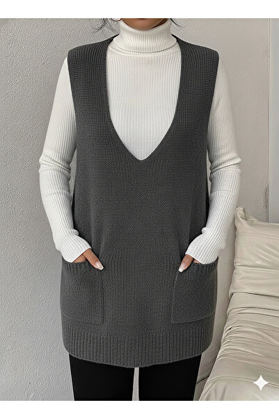 MaxiMor Women's Deep V-Neck Pocketed Knitwear Sweater Vest Pullover Loose Fit Smlxl Size Compatible Length 85 cm