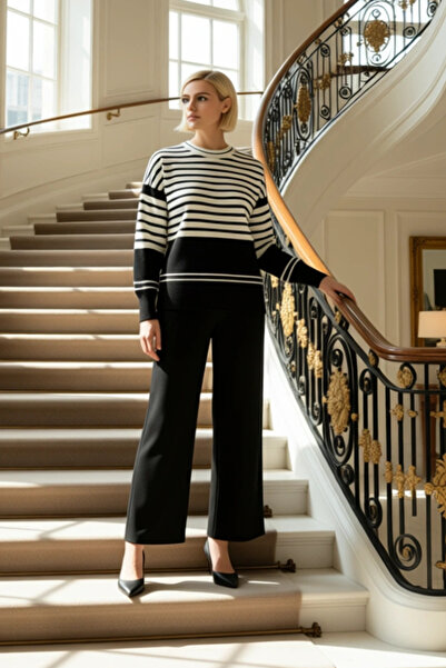 BENERLY Set de tricotaje în dungi pentru femei, cu pulover și pantaloni cu pi...