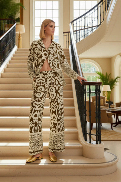 BENERLY Women's Top and Bottom Set with Shawl Pattern Shirt and Pants Summer ...