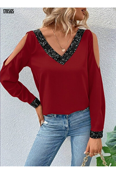 Modayakamoz Yeni Sezon Kadın Payetli Omuz Dekolteli V Yakalı Sandy Bluz Işılt...