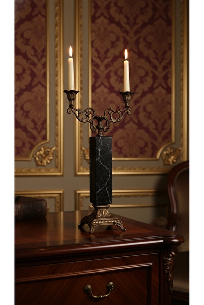 Montdekor EL YAPIMI MERMER TAŞLI BRONZ ŞAMDAN (45 cm yükseklik)