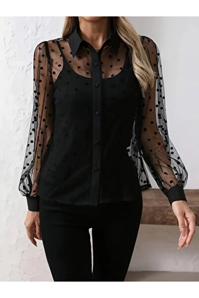 soonaksesuar Women's Long Sleeve Collared Transparent Tulle Detailed and Viscose Undershirt Double Set