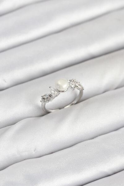 cleovibe Brass Silver Color Zircon Stone Pearl Model Women's Ring