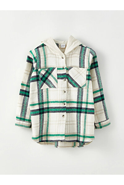 LC Waikiki LCW Kids Yeşil Kapüşonlu Ekose Uzun Kollu Gabardin Kız Çocuk Gömlek