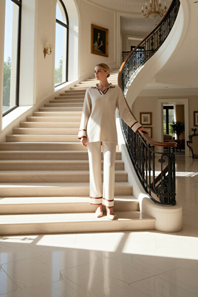 BENERLY طقم سترة نسائية بياقة بولو وأكمام منخفضة مع بنطلون واسع الساق، مجموعة...