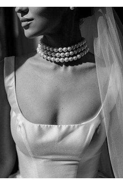 Jovela Büyük boy cam inci 3 sıra choker kolye