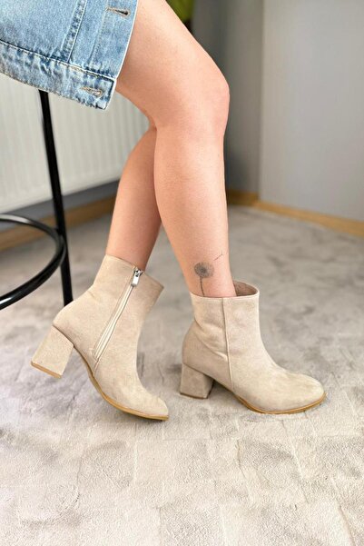 asmi shoes Women's Marta Beige Suede 6 cm Thick Heeled Egg Toe Zippered Boots