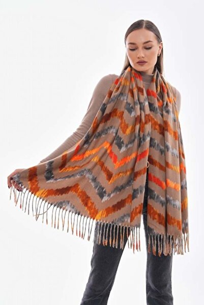 MELTEM TUĞAN Çizgi Desenli Püsküllü Kalın Şal VİZON
