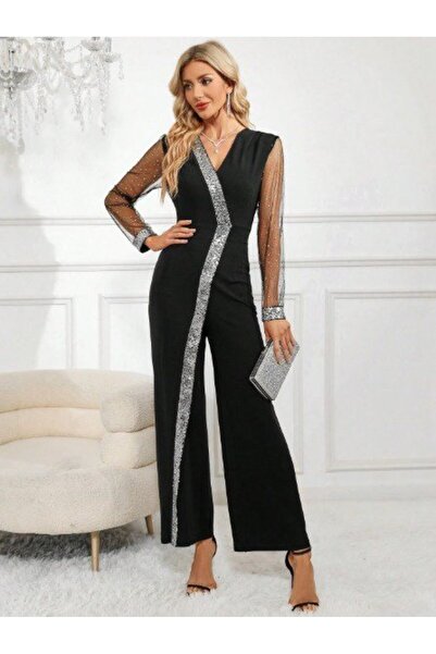 soonaksesuar Women's Long V-Neck Front Sequin Detailed Tulle Long Imported Crepe Jumpsuit