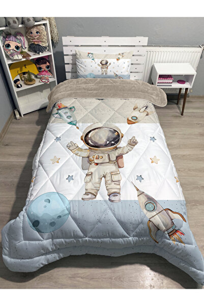 yok yok evim eve dair her şey Welsoft Fluffy Double Sided Astronot Patterned Single Duvet Sleeping Set