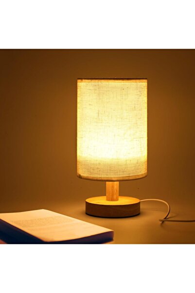 Baytion Bedside Table Lamp, Warm USB Charging, Linen Shade & Log Base (Button Switch; Fixed Lighting