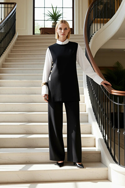 BENERLY طقم سترة تريكو بياقة دائرية وأزرار مع بنطلون واسع الساق للنساء بمظهر ...