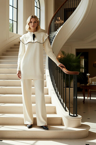 BENERLY Women's Bottom Top Mock Neck Piped Knit Detailed Long Sleeve Off Shou...