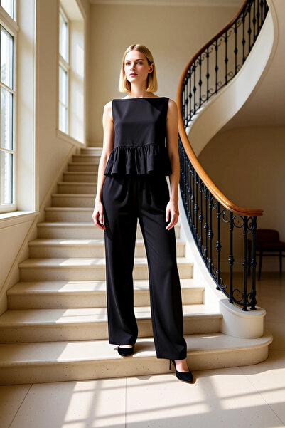 BENERLY Women's Top and Bottom Set with Crew Neck Ruffle Detail Blouse and El...