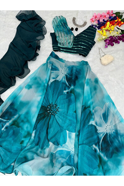 MYSMAR Blue Jimmy Organza Silk Lehenge Choli Dupatta - HRT5136 | Blue