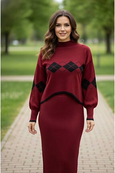 YusGos Kadın Baklava Desenli Kazaklı Triko Elbise