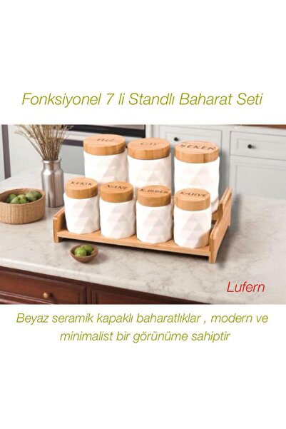 Lufern Fonksiyonel 7'li Standlı Baharat Seti Mutfak Düzen Modern Beyaz Serami...