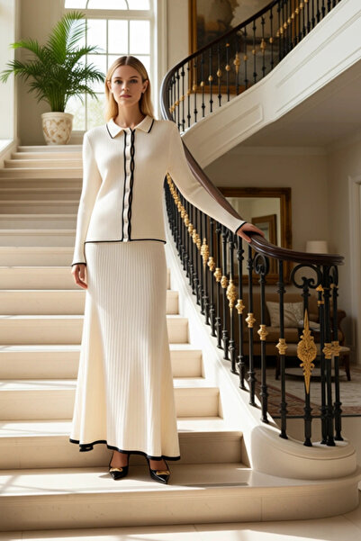 BENERLY Дамски комплект от ребрист плетен кардиган и дълга пола Детайлен, сти...