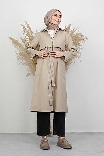 GİYZAMİLA Hooded Trench Coat Cream with Back Detail