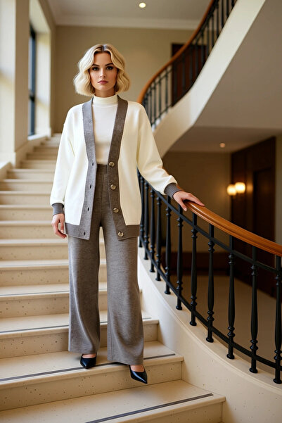 BENERLY Set de tricotaje colorblock pentru femei, cardigan și pantaloni, croi...