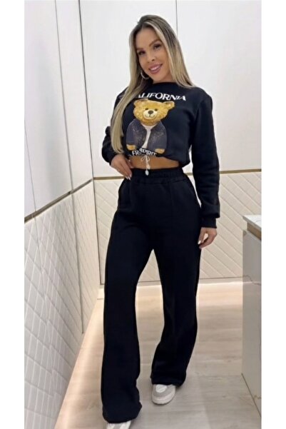 buğrahayalin طقم نسائي مكون من قطعتين بأكمام طويلة وياقة دائرية ونقشة من خيطين مبطن بالصوف بلوزة وبنطلون