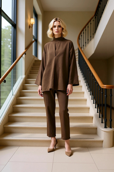 BENERLY طقم نسائي مكون من بلوزة تونيك بقصة مريحة وياقة عالية مع تفاصيل على شك...