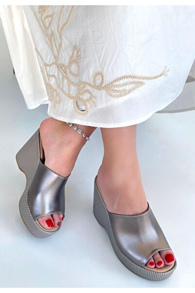 Erbilden Tlay Platinum Skin Wedge Heel Slippers