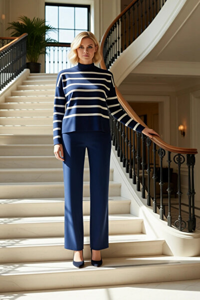 BENERLY Γυναικείο Πλεκτό Πουλόβερ με Ριγέ Επάνω και Κάτω Μέρος, Ψηλό Γιακά, Π...