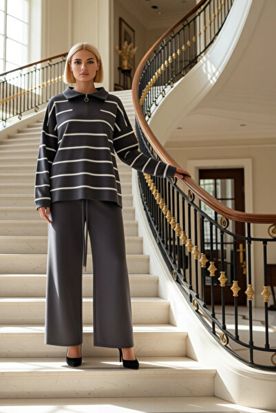 BENERLY طقم نسائي أنيق يتكون من بلوزة علوية مخططة بياقة وسحاب وأكمام منخفضة و...