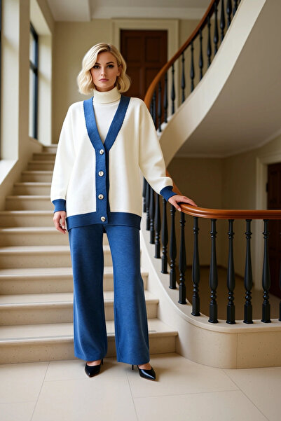 BENERLY Women's Bottom Top Color Block Knitwear Cardigan Pants Set Regular Cu...