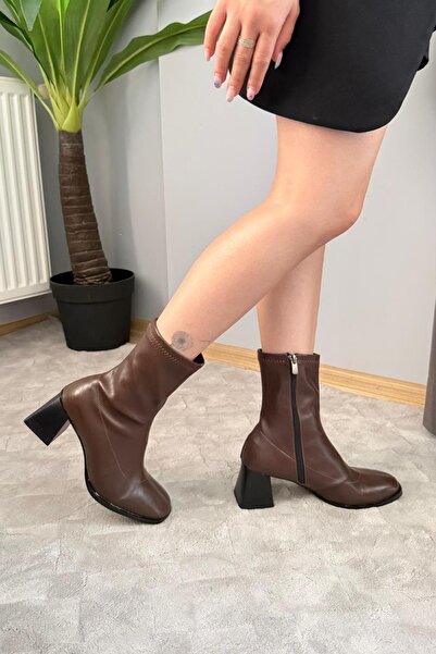 asmi shoes Γυναικείες μπότες Marina καφέ, Stretch μπότες με τακούνι πάχους 7 cm