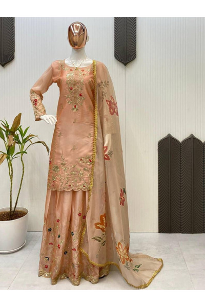 MYSMAR Beige Chinon Kameez Salwar & Dupatta - HRT4889 | Beige