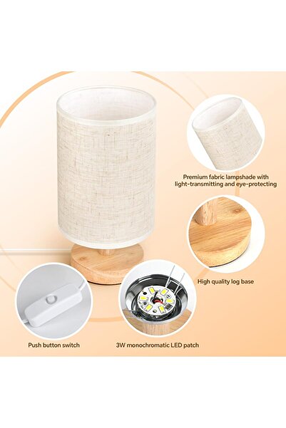 Baytion Bedside Table Lamp, Warm USB Charging, Linen Shade & Log Base (Button Switch; Fixed Lighting