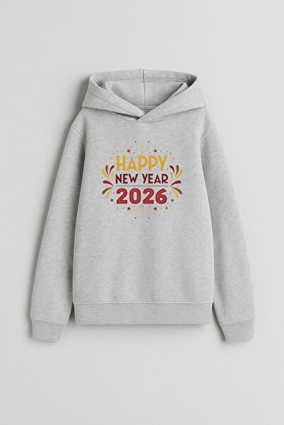 MODA 2026 New Year Santa Claus Christmas Printed Gray Hooded Sweatshirt