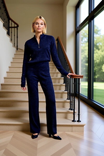 BENERLY Women's Bottom Top Zippered Mock Neck Corded Fabric Knitwear Sweater ...