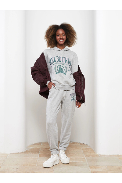 LC Waikiki LCW Vision Gri cu glugă cu imprimeu Hanorac cu mânecă lungă pentru...