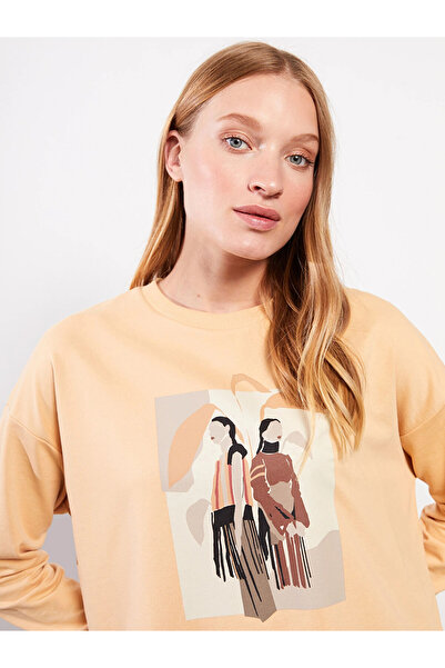 LC Waikiki LCWAIKIKI basic Portocaliu guler rotund cu imprimeu Mânecă lungă supradimensionat Femei Swea tricou