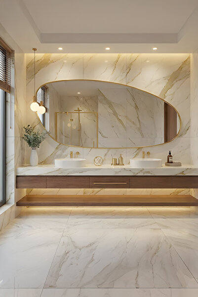 Fawdecor Premium Ahşap Çerçeveli Asimetrik Banyo Salon Duvar Aynası - Modern ...