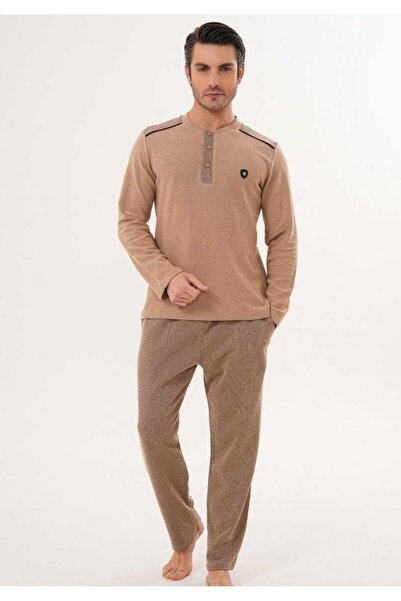 Lohusa Dünyasi Men's Crew Neck Half Buttoned Thessaloniki Fabric Winter Plus Size (Oversized) Pajama Set