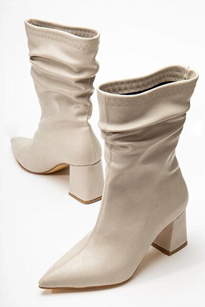 asmi shoes Women's Nomire Beige Leather Drawstring Pointed Toe Thick Heeled Boots